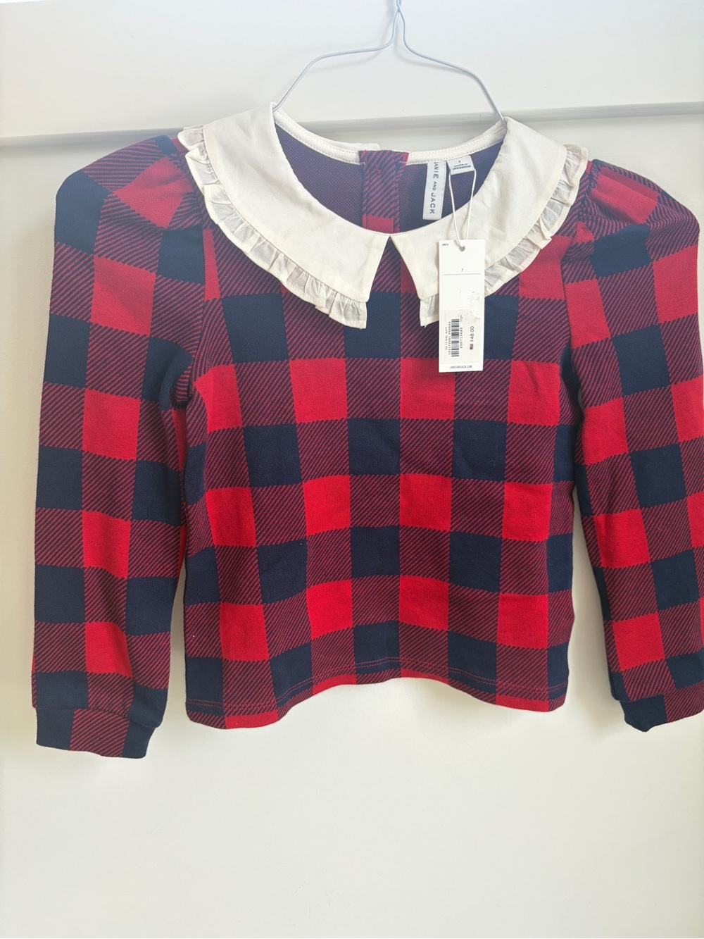 Janie and Jack Red & Navy Plaid Long Sleeve Top with White Ruffle Collar - SZ 7